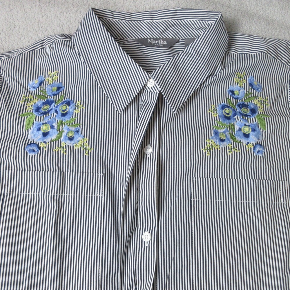 Martha Stewart Blouse Womens Large Blue Striped Floral Embroidery 3/4 Sleeve